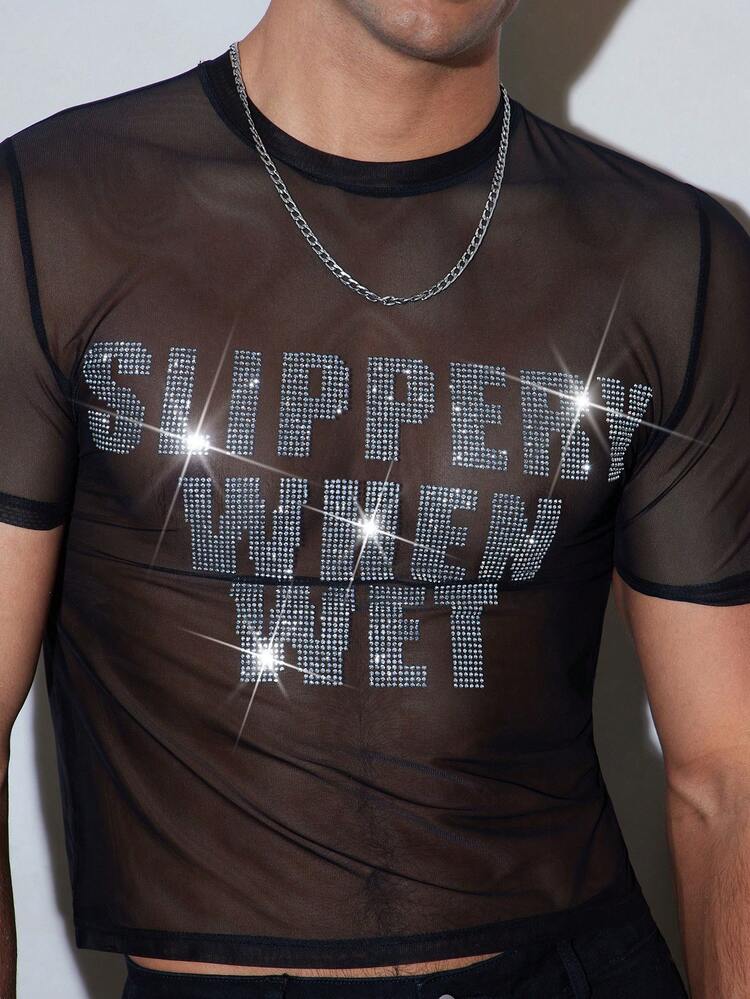 FeverCity Camiseta de malla transparente con decoración de strass sexy para hombre de verano - Negro - Añade 6