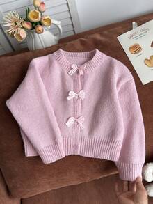 SHEIN Mädchen Herbst/Winter Mode handgefertigte Schleife gestrickter Pullover Langarm Strickjacke - Pink - Übersicht 2
