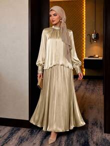 Auveirra Elegant Modest Women's 2-Piece Set Champagne Formal Autumn Chiffon Tie-Neck Loose Long Sleeve Top & A-Line Skirt Plus Size Commuting Sets - Apricot - View 8