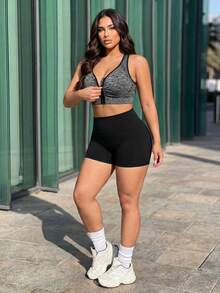 Gameset SHEIN Sport Plus Size Women's Zipper Front Everyday Fitness Athletic Sports Bra Gym Gray Summer - Grey - View 4