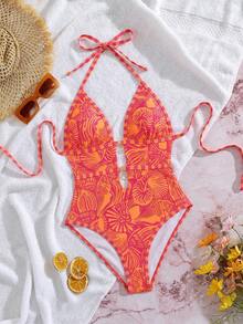 Swim Vcay Vintage Vacation Style Women's One-Piece Swimsuit, Orange And Beige Color Block Marine Life Print, Halter Neck Tie, Double Layer Hollow Out, Metal Star Decor, High Cut Bodycon, Retro Vacation Style, Spring Easter Beach Coast Holiday Fashion Look - Orange - View 7