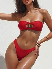 Swim Mod Conjunto de traje de baño de dos piezas para mujer de verano y playa, top de bikini sin aros con fruncido y braguita triangular de color liso - Rojo - Ver 2
