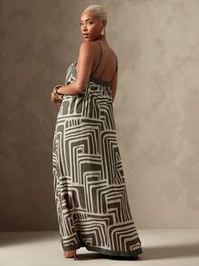 Vixey Geometric Print Border Detail Cami Strap Flowy A Line Midi Dress, Resort Wear, Beach To Dinner, Resort Chic, Vacation Ready, Cruise Outfit - Army Green - View 2