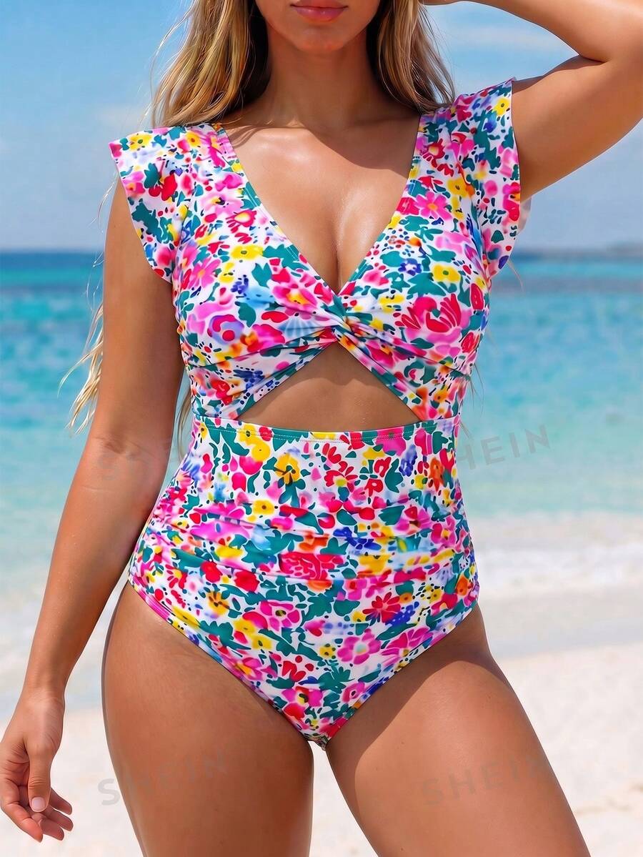 Swim Lushoire Costume da bagno intero con stampa floreale all-over per taglie forti, adatto per le vacanze estive - Multicolore - Visualizzare 1