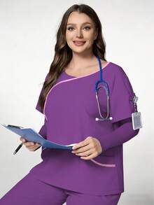 TaskEZ Deep Purple Plus Size Women's Fashion V-Neck Short Sleeve Contrast Color Patchwork Trim Uniform, Double Pocket Nurse Scrub Top, Summer Work Uniform - Multicolor - View 5
