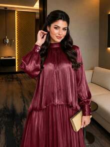 Auveirra Elegante conjunto de 2 piezas para mujer talla grande para primavera/verano: Blusa de manga larga suelta con cuello de corbata de gasa y falda evasé para estar en casa - Burdeos - Ver 8