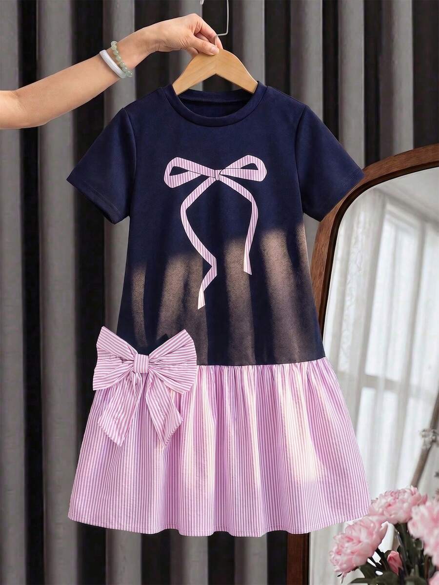 SHEIN Vestido casual de línea A para niñas, primavera/verano, decorado con estampado de transferencia de calor de lazo, estilo simple y atemporal. Adecuado para uso diario y escuela, mostrando energía juvenil y elegancia elegante - Multicolor - Ver 1