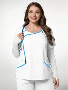 TaskEZ White Plus Size Women's Fashion V-Neck Short Sleeve Contrast Color Patchwork Decor Blue Trim Uniform, Double Pocket Nurse Scrub Top, Summer Work Uniform - Multicolor - View 3