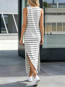 Silhoulove Vestido de tirantes con rayas gris claro y abertura lateral - Blanco - Ver 4