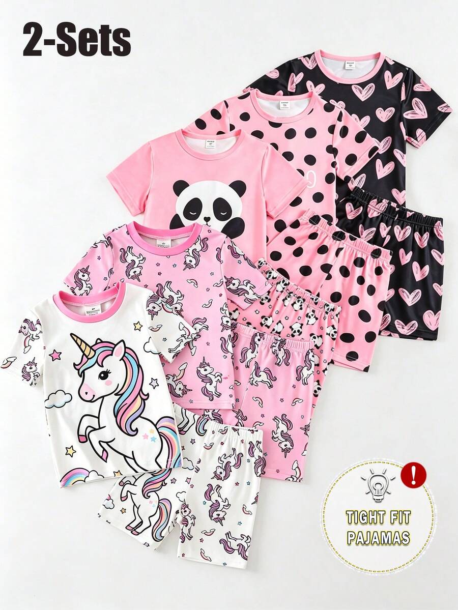 4pcs/Set Young Girl' Cartoon Unicorn Print Short Sleeve Top And Shorts Set, White & Pink Knit Round Neck, Comfortable Stretchy Pajamas For Summer - Multicolor - View 1