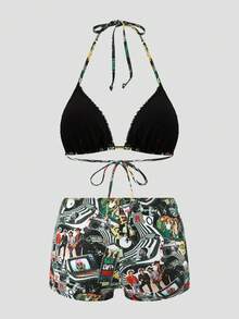 ROMWE Street Life Ensemble de maillot de bain 2 pièces pour femmes, nouveau style d'été avec Top de bikini licou à imprimé graphique vintage de personnages aléatoires et short de plage, convient pour les vacances à la plage et les tenues de fête - Multicolore - Voir 5