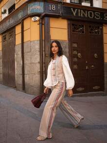 Nöista Color-Block Striped Trousers With Relaxed Straight Fit For Vacation And Casual Summer Styling. - Multicolor - View 3