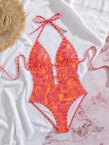 Swim Vcay Vintage Vacation Style Women's One-Piece Swimsuit, Orange And Beige Color Block Marine Life Print, Halter Neck Tie, Double Layer Hollow Out, Metal Star Decor, High Cut Bodycon, Retro Vacation Style, Spring Easter Beach Coast Holiday Fashion Look - Orange - View 4