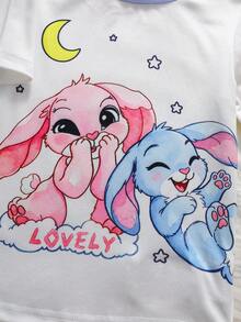 2pcs/Set Girls' Knit Round Neck Short Sleeve Long Pants Blue & White Cartoon Cute Funny Painted Rabbit Simple Casual Comfortable Soft Fitted Loungewear Set Summer - Blue and White - View 6