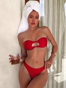 Swim Mod Conjunto de traje de baño de dos piezas para mujer de verano y playa, top de bikini sin aros con fruncido y braguita triangular de color liso - Rojo - Ver 4