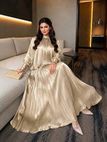 Auveirra Elegant Modest Women's 2-Piece Set Champagne Formal Autumn Chiffon Tie-Neck Loose Long Sleeve Top & A-Line Skirt Plus Size Commuting Sets - Apricot - View 9