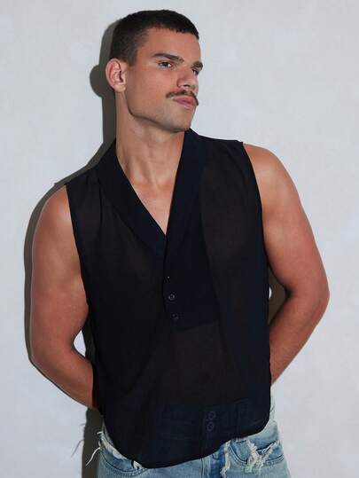 FeverCity Men's Streetwear Sheer Button-Up Top For Bar And Beach