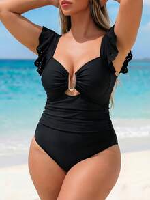 Swim Vcay 2026 Primavera/Verano Nuevo Bikini de Tira Talla Grande unicolor Traje de Baño Fruncido Minimalista Traje de Baño de Dos Piezas para Mujer - Negro - Ver 4