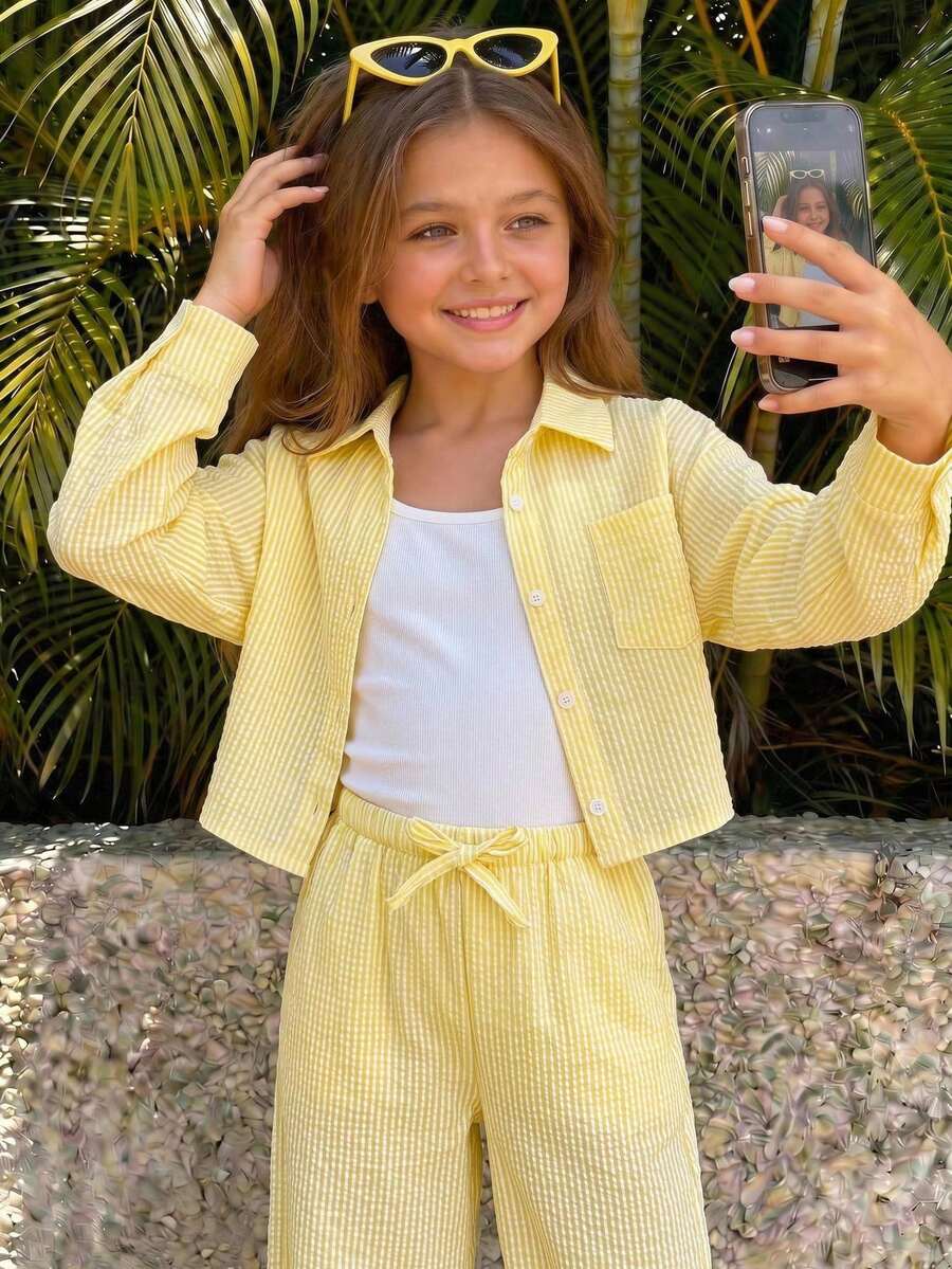 SHEIN Tween Girls Cropped Long Sleeve Striped Shirt Set - Yellow - View 1