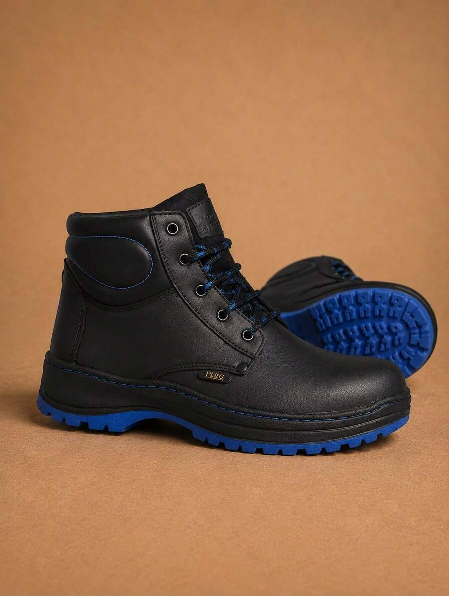 Genuine Leather Pleg Working Boot With Steel Helmet - Negro con azul - View 1