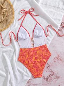Swim Vcay Vintage Vacation Style Women's One-Piece Swimsuit, Orange And Beige Color Block Marine Life Print, Halter Neck Tie, Double Layer Hollow Out, Metal Star Decor, High Cut Bodycon, Retro Vacation Style, Spring Easter Beach Coast Holiday Fashion Look - Orange - View 8