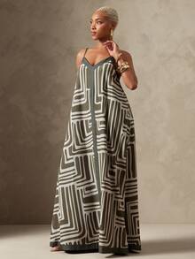Vixey Geometric Print Border Detail Cami Strap Flowy A Line Midi Dress, Resort Wear, Beach To Dinner, Resort Chic, Vacation Ready, Cruise Outfit - Army Green - View 5