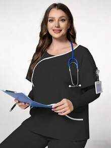 TaskEZ Black Plus Size Women's Fashion V-Neck Short Sleeve Contrast Color Patchwork Trim Uniform, Double Pocket Nurse Scrub Top, Summer Work Uniform - Multicolor - View 5