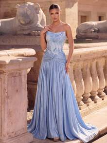 Glamrae Elegant Luxury Mesh Embroidered Off-Shoulder Organza Handmade Pleated Boning Slit Bodycon Floor-Length Evening Gown For Wedding Party Formal Occasion - Blue - View 5