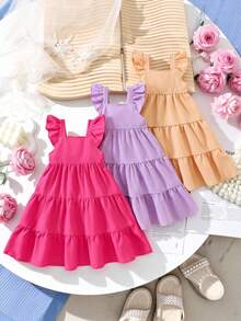 SHEIN Elladie kids 三件套女童连衣裙套装，采用柔和的紫色、橙色和玫瑰红纯色休闲设计，搭配百搭。 - 彩色 - 查看 3