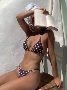 Swim Vcay Women's New Fashionable Solid Color Halter Backless Metal Decor Sexy Tropical Triangle Bikini Set, Summer Beach Vacation Brown Polka Dot - Multicolor - View 1
