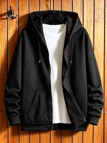 Manfinity Dauomo Áo hoodie có mũ trùm đầu túi xéo có dây rút dành cho nam, thời trang thu đông, tay dài - màu đen - Xem 1