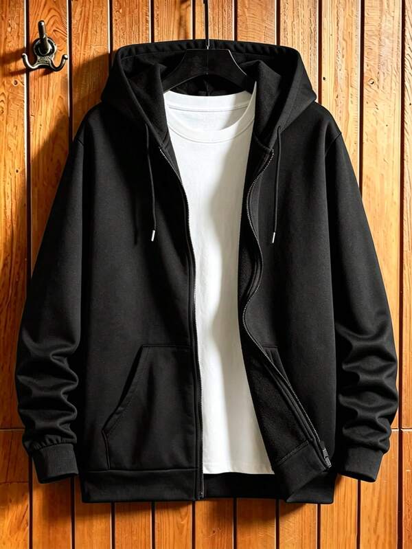 Manfinity Dauomo Men Zip Up Drawstring Slant Pocket Hoodie, For Fall Winter, Long Sleeve Top
