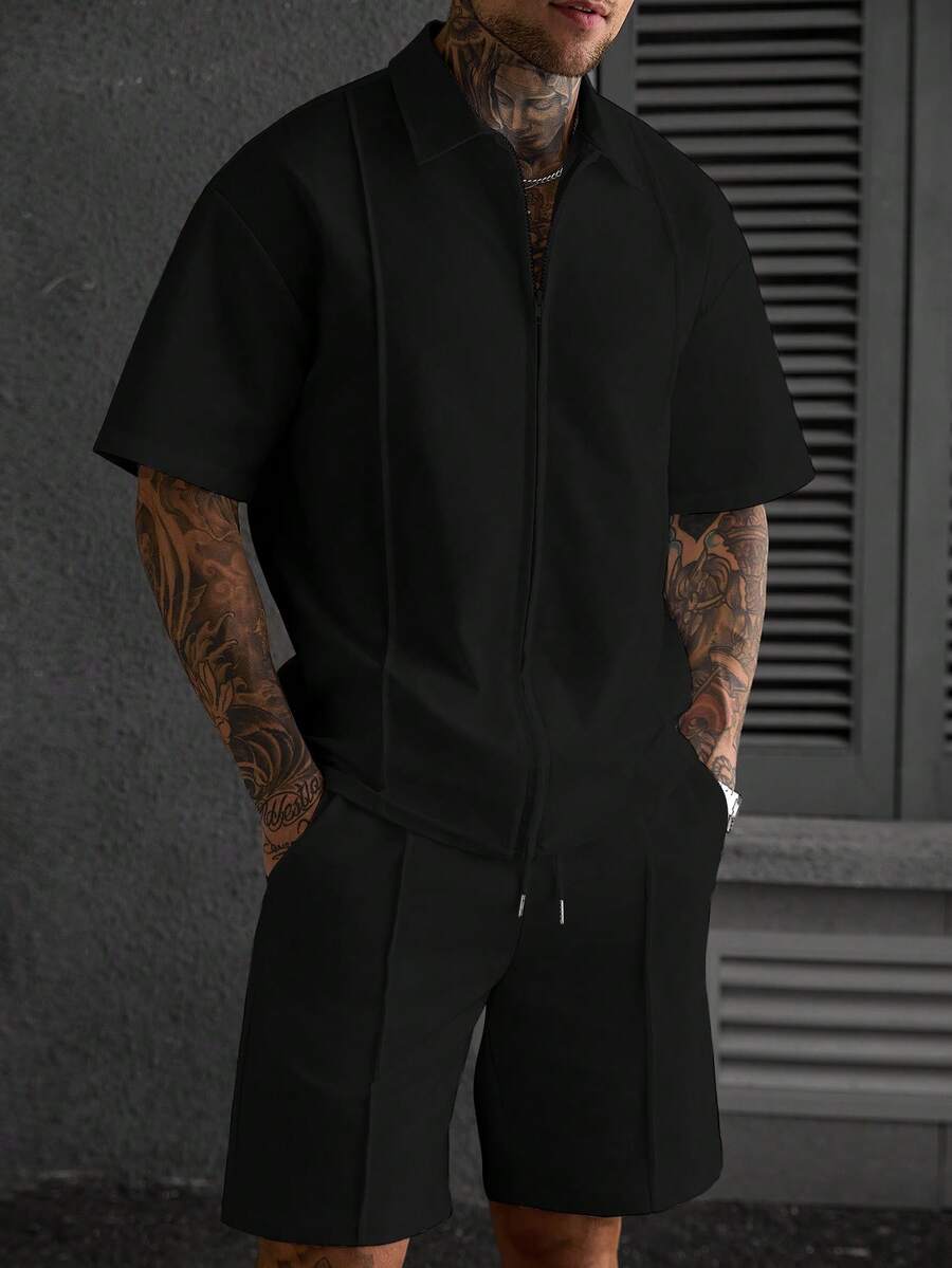 Manfinity CasualCool 男士成熟休閒襯衫套裝,牙籤褶皺與拉鍊設計,適合日常穿著,送給男友與丈夫的理想禮物 - 黑色 - 查看 1