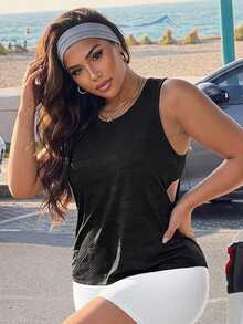 Gameset SHEIN Sport Women's Plus Size Fashion Minimalist Athletic Round Neck Sports Tank Top For Running And Fitness Gym Black Summer Fall - Black - View 6
