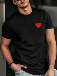Manfinity Dauomo Hombres Camiseta con bordado de corazón - Negro - Ver 5