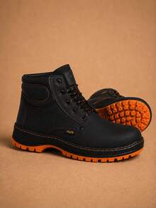 Genuine Leather Pleg Working Boot With Steel Helmet - Negro con Naranja - View 1