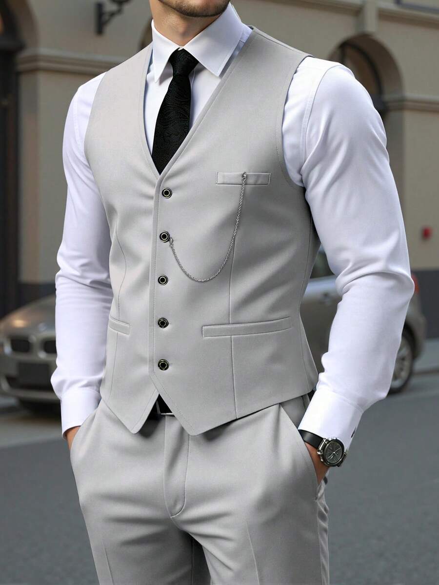 Manfinity Mode Men's Vest, Pants And Suit Jacket Set - Light Grey - View 1