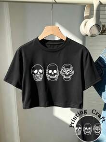 INAWLY Skull Print Crop Tee Graphic Tees Women Tops - Black - View 7