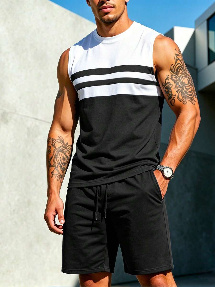 Manfinity Homme Men's Summer Striped Colorblock Tank Top And Drawstring Waist Pocket Shorts Set - Multicolor - View 1