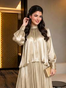 Auveirra Elegant Modest Women's 2-Piece Set Champagne Formal Autumn Chiffon Tie-Neck Loose Long Sleeve Top & A-Line Skirt Plus Size Commuting Sets - Apricot - View 3