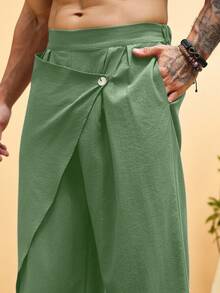 VENTUSAIL Men's Solid Color Deconstructed Pleated Loose Fit Long Pants - Army Green - View 5