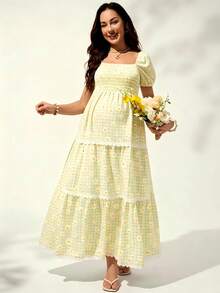 SHEIN Elegant Plaid Print Square Neck Casual Short Sleeve Maternity Dress Sage Green Summer - Yellow - View 3
