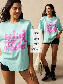 VARSIVA Women's Letter Print Casual Streetwear Graphic Versatile Daily Day Time Night Out Holiday Outing Short Sleeve T-Shirt Back-To-School Light Pink Summer - Multicolor - View 2