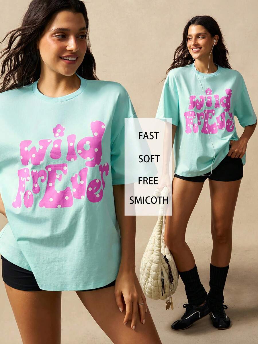 VARSIVA Women's Letter Print Casual Streetwear Graphic Versatile Daily Day Time Night Out Holiday Outing Short Sleeve T-Shirt Back-To-School Light Pink Summer