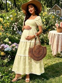 SHEIN Elegant Plaid Print Square Neck Casual Short Sleeve Maternity Dress Sage Green Summer - Yellow - View 4