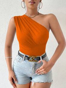 SHEIN PETITE 女款純色單肩抓皺修身百搭日常穿搭上衣 - 橘色 - 查看 5