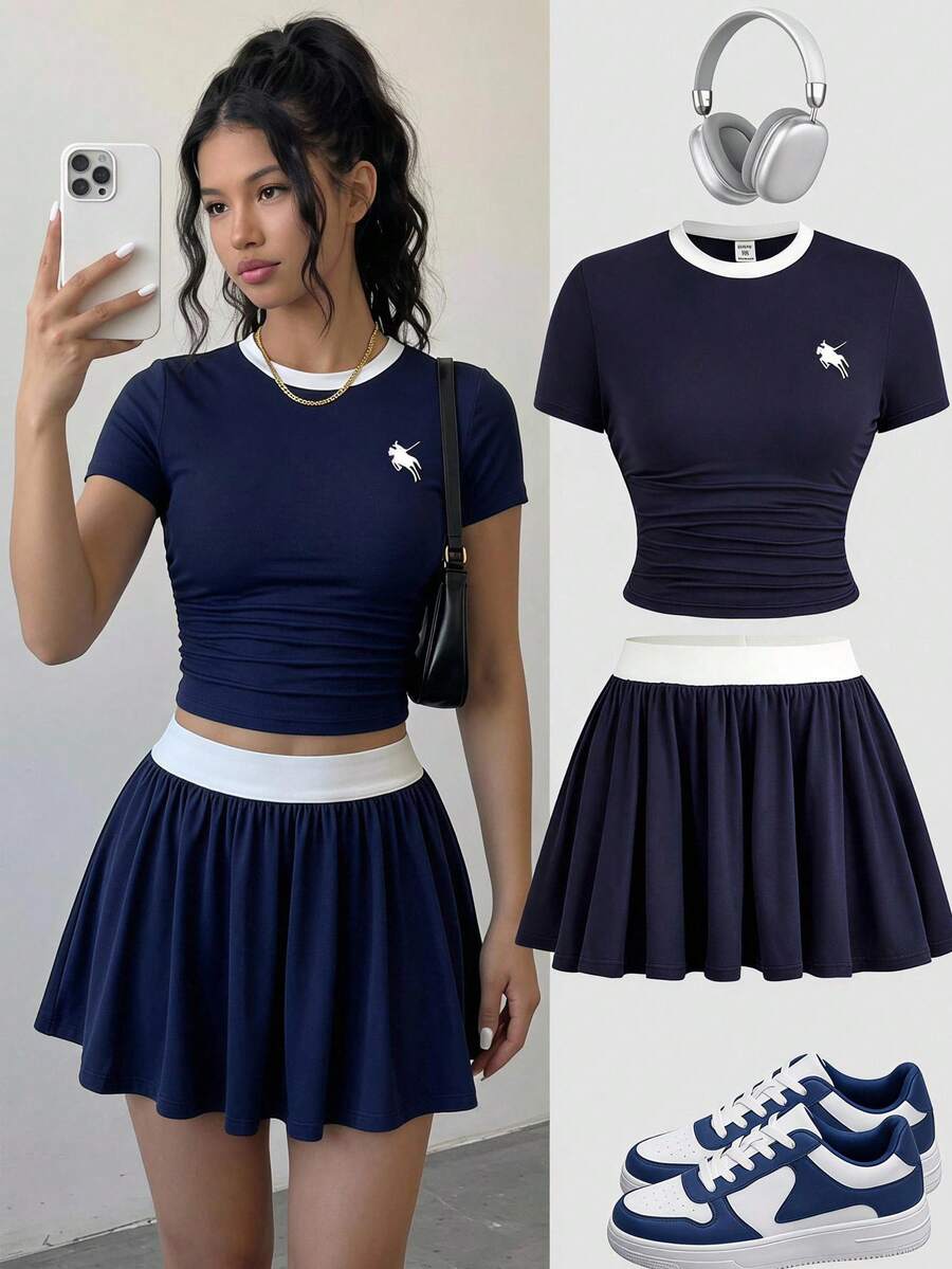 SHEIN 兒童青少年女孩夏季修身T恤與裙子兩件套,新款夏季藍色純色短袖T恤與防走光裙裝,女孩百搭日常通勤套裝,適合日常穿著、優雅、派對、家庭聚會、畢業典禮、度假 - 彩色 - 查看 1