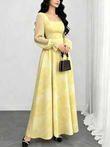 Modelyn Vestido largo de mujer con cuello cuadrado y mangas farol, estampado de flores de hibisco en estilo ditsy, cintura ceñida, vestido floral de color amarillo claro, adecuado para vacaciones de verano y uso diario - Multicolor - Ver 6