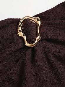 Sweetra Women's Spring/Summer Coffee Color Strapless Ruched Waist Slim Fit Metal Buckle Decor Top - Brown - View 6