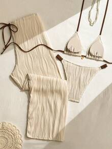 Swim Vcay 2026 Spring/Summer New Cream White Water Ripple Textured 3 Pieces Swimwear Set, Brown Rope Halter Triangle Bikini Top, High-Cut Thick Strap Triangle Bottom, Drawstring Wide Leg Long Pants, Slouchy Casual Vacation Beach Swimwear Set - Beige - View 2